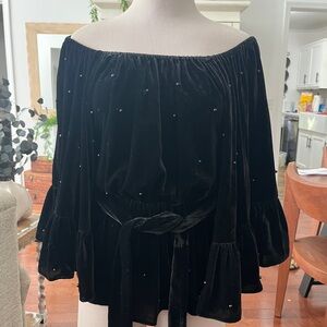 C/MEO Collective Black Beaded Peplum Off Shoulder Romper Belle Sleeves Size S
